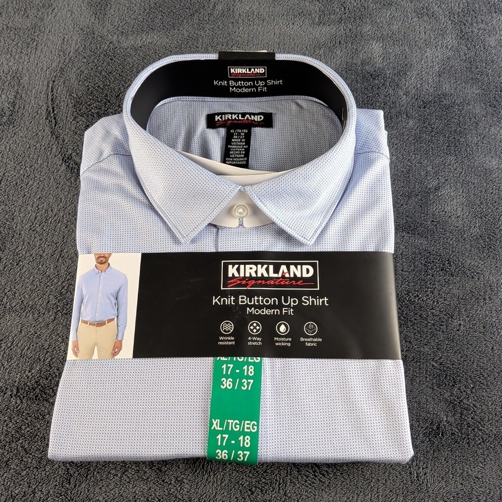 Kirkland Men Size XL 17/18 36/37 Knit Wrinkle Resist Dress Shirt NWT Blue
